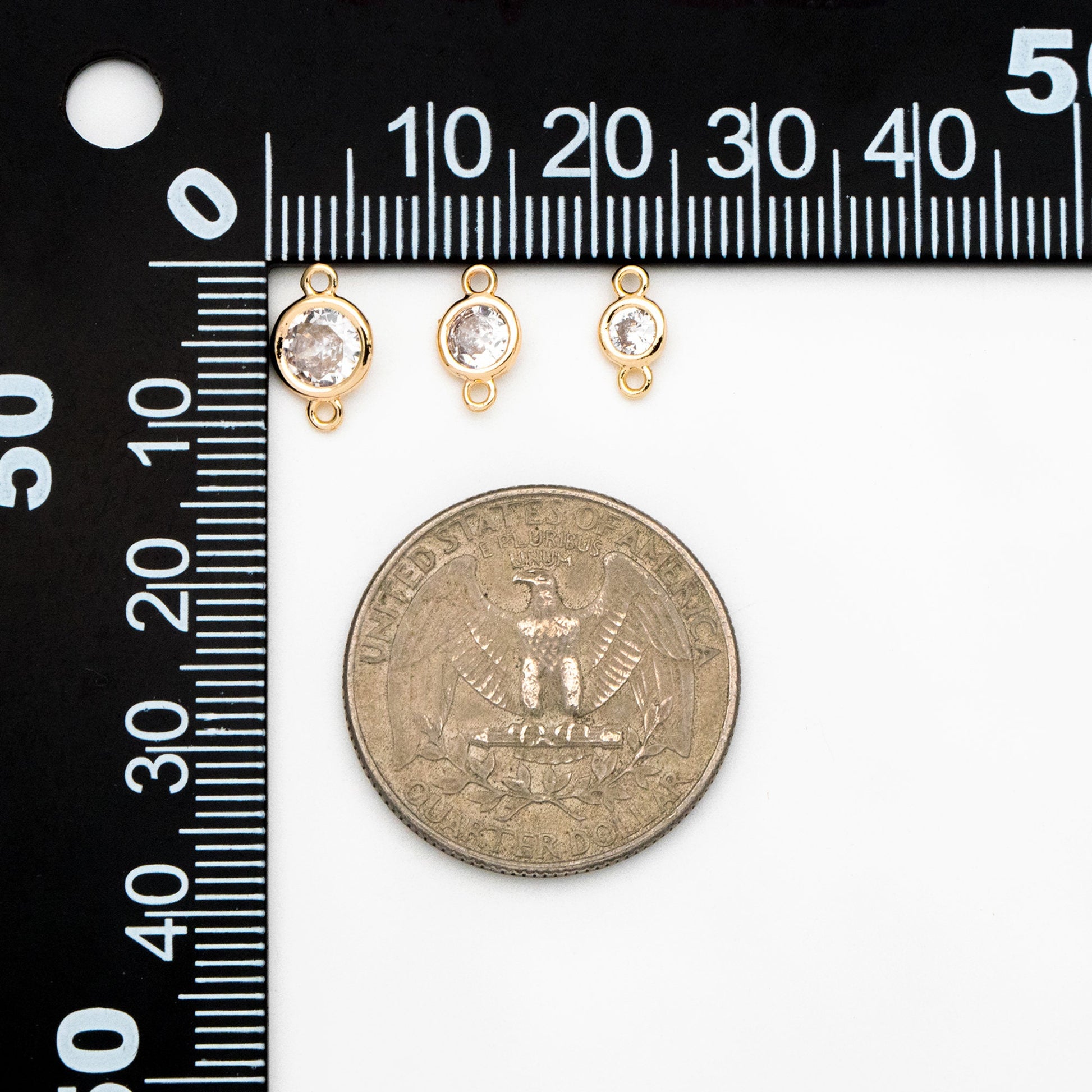 10pcs Gold/ Silver/ Rose Gold Bezel Gemstone Connector 4/ 5/ 6.5mm, 18K Gold plated Brass, Clear CZ Round Charms (GB-3197)