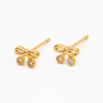10pcs CZ Pave Gold Bowknot Earrings, 18K Real Gold plated Brass, Bow Knot Stud Earring (GB-4068)