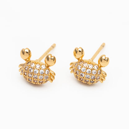 4pcs CZ Pave Gold Crab Earrings, Gold plated Brass, Dianty Crab Stud Earrings (GB-4069)