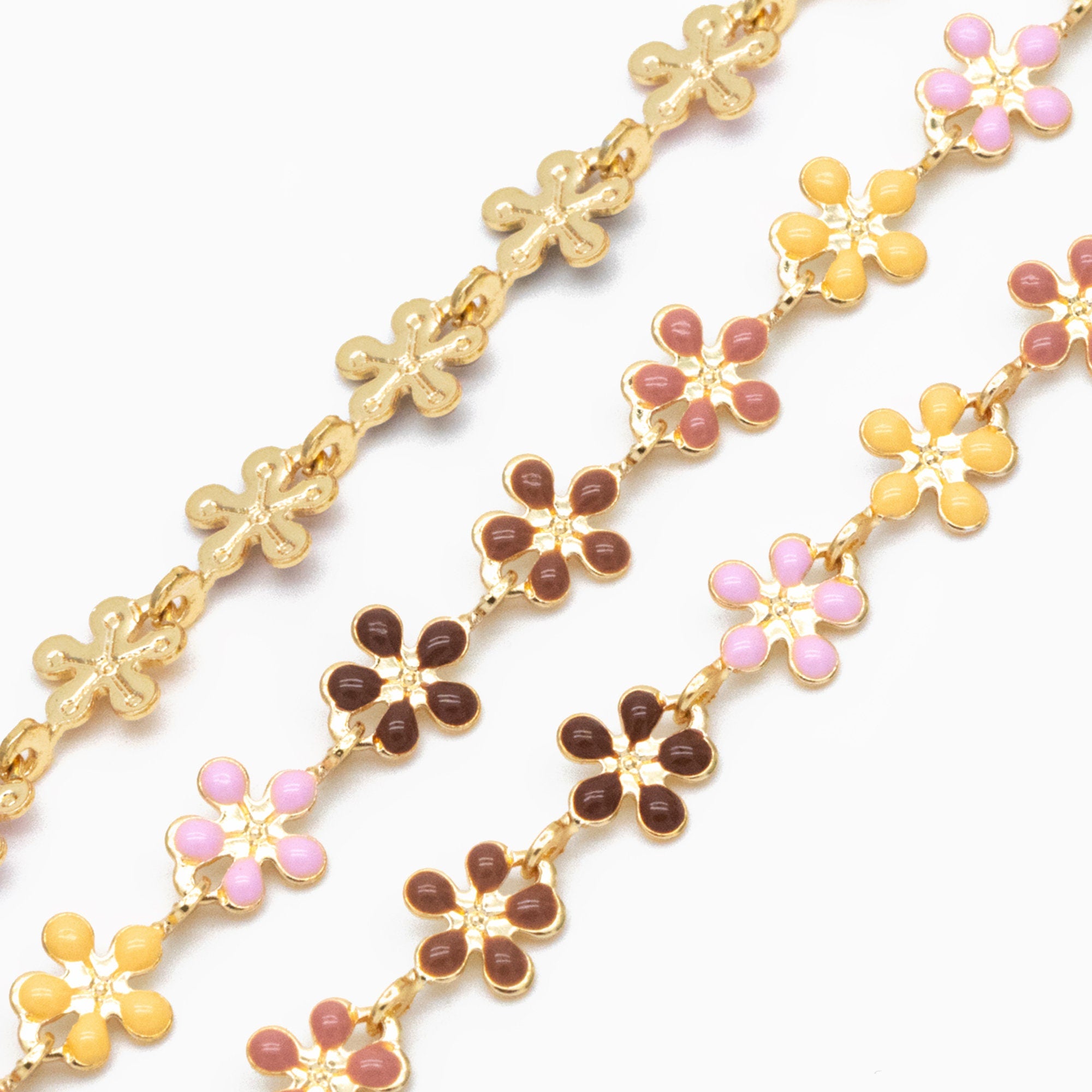 Mix Color Enamel Flower Chain, Gold Plated Brass Designer Chain 6mm, Floral Link Chain Findings (#LK-581)/ 1 Meter=3.3ft
