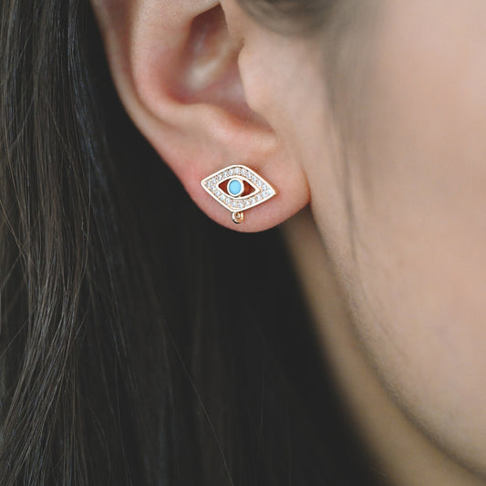 4pcs CZ Pave Evil Eye Earring Stud with Loop, Real Gold plated Brass, Cubic Zirconia Paved Eye Earrings (GB-2678)