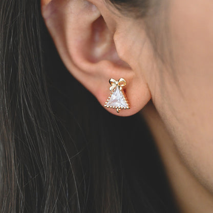 4pcs CZ Pave Bowknot Triangle Earring with Loop, 18K Gold Plated Brass, Christmas Bowknot Triangle Stud Earrings (#GB-2771)