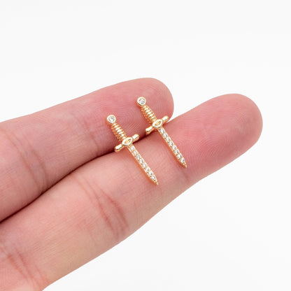 4pcs CZ Pave Gold Sword Earrings 19x7mm, Gold Plated Brass Dagger Stud Earring (#GB-4090)