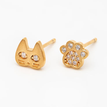 4pcs CZ Pave Gold Cat and Paw Asymmetry Earrings, Gold Plated Brass, Dainty Stud Earrings (GB-4096)