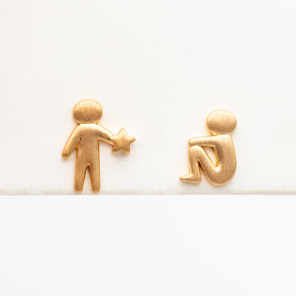 10pcs Gold Stand and Sit Boy Asymmetry Earrings, Gold plated Brass Minimalist Stud Earrings (GB-4099)