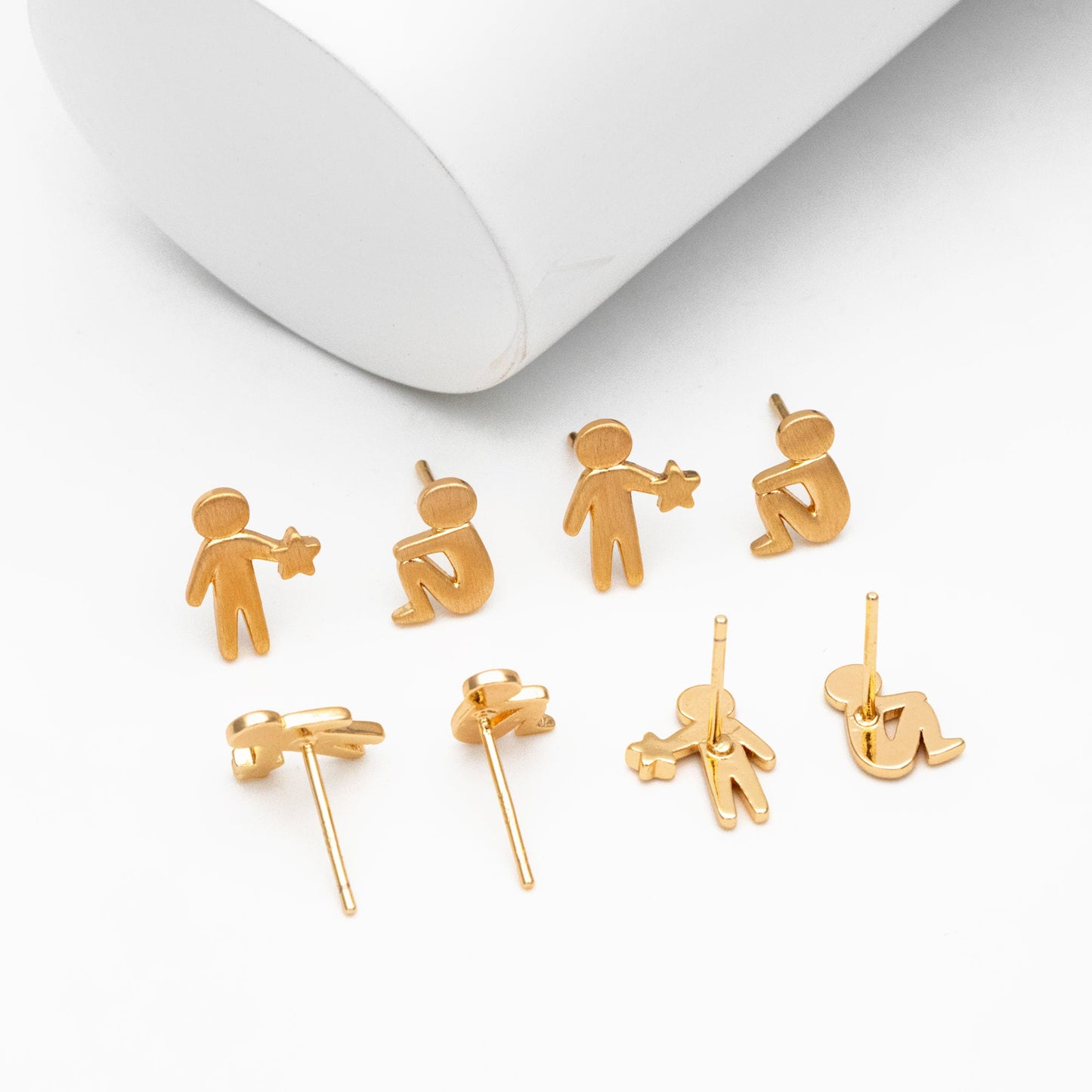 10pcs Gold Stand and Sit Boy Asymmetry Earrings, Gold plated Brass Minimalist Stud Earrings (GB-4099)