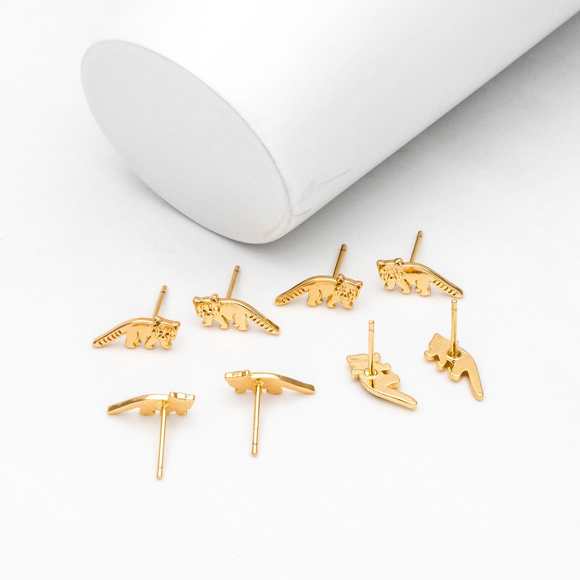 10pcs Gold Raccoon Earrings, Gold Plated Brass, Cute Animal Stud Earrings (GB-4111)