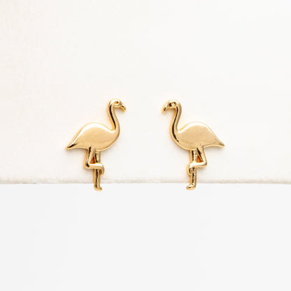 10pcs Gold Flamingo Earrings 12x8mm, Gold Plated Brass, Minimalist Bird Stud Earrings (GB-4113)
