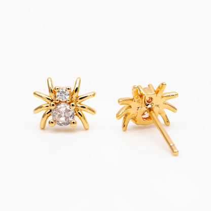 10pcs CZ Pave Gold Spider Earrings 7x8mm, Gold Plated Brass Araneid Stud Earrings (GB-4110-B)