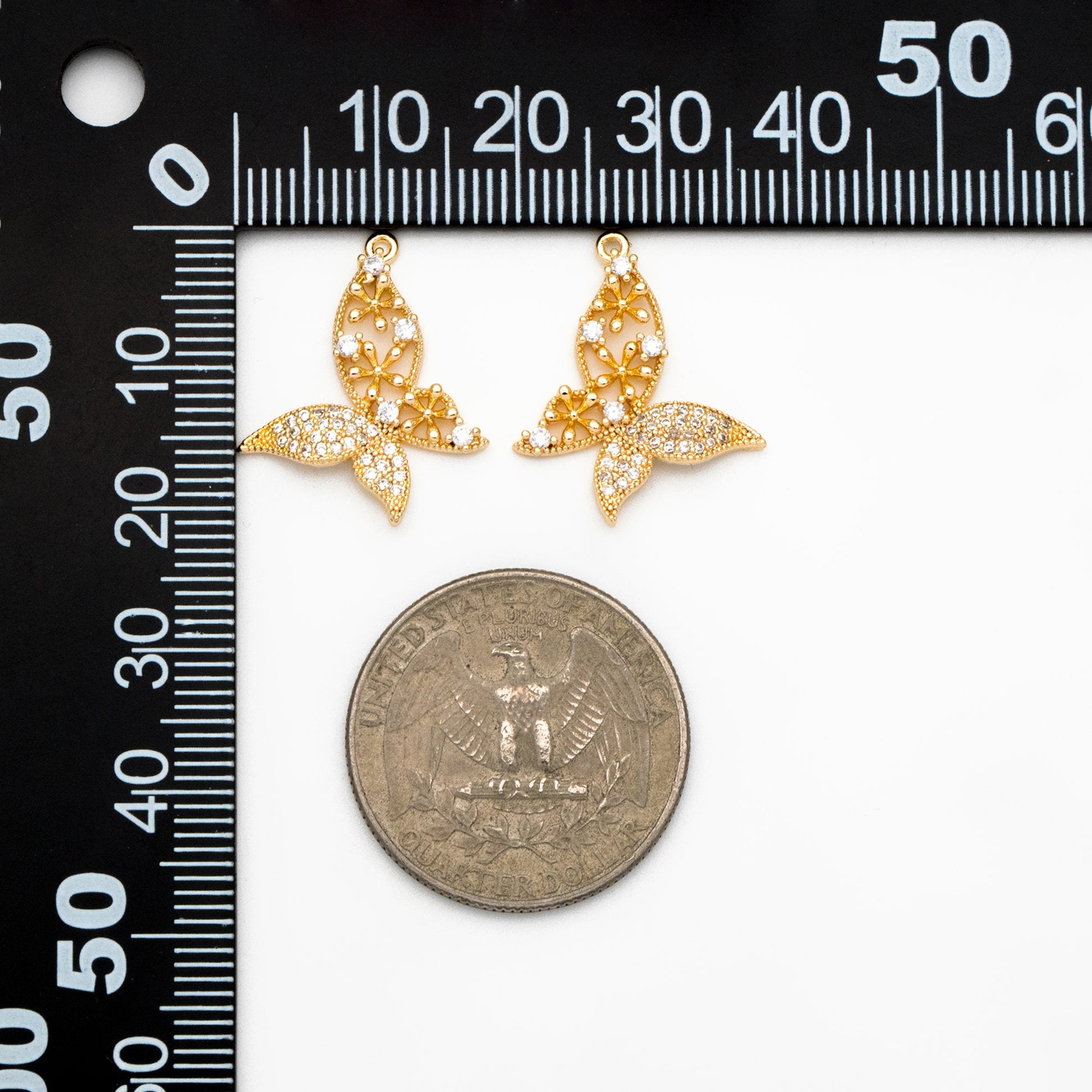 4pcs Gold plated Brass Hollow Butterfly Charms, CZ pave Butterfly Filigree Pendants (GB-3561-K)