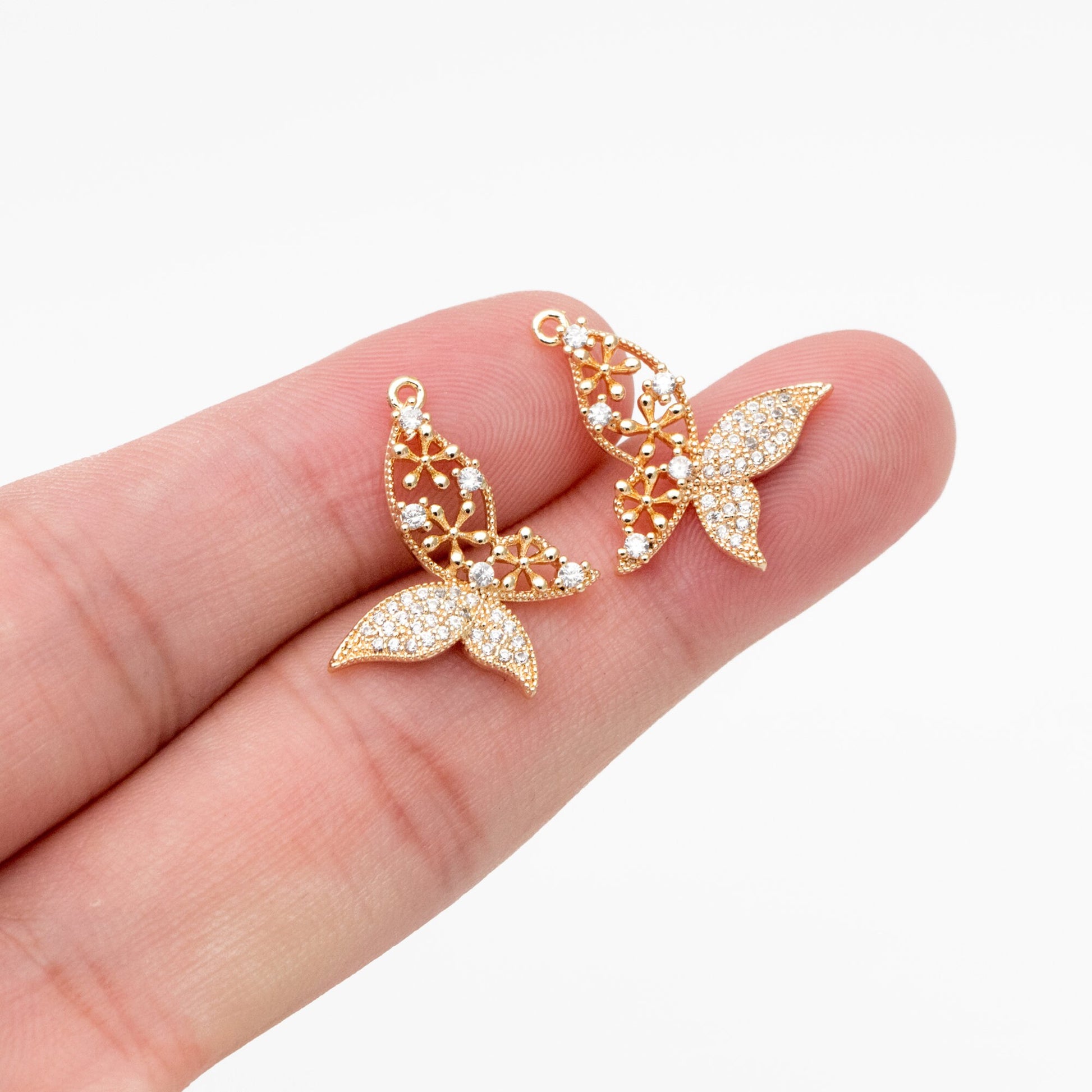 4pcs Gold plated Brass Hollow Butterfly Charms, CZ pave Butterfly Filigree Pendants (GB-3561-K)