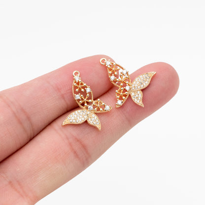 4pcs Gold plated Brass Hollow Butterfly Charms, CZ pave Butterfly Filigree Pendants (GB-3561-K)