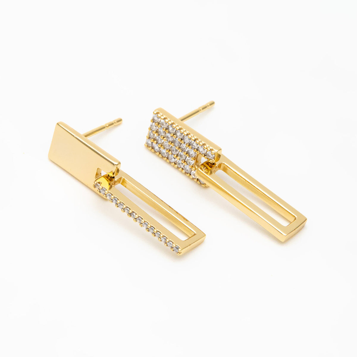 4pcs CZ Pave Rectangle Asymmetry Earrings, 14K Gold plated Brass Geometric Stud Earrings (#GB-3963)