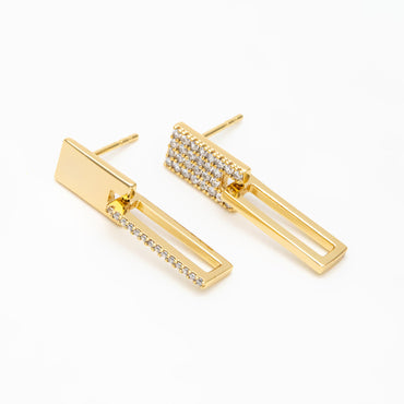 4pcs CZ Pave Rectangle Asymmetry Earrings, 14K Gold plated Brass Geometric Stud Earrings (#GB-3963)