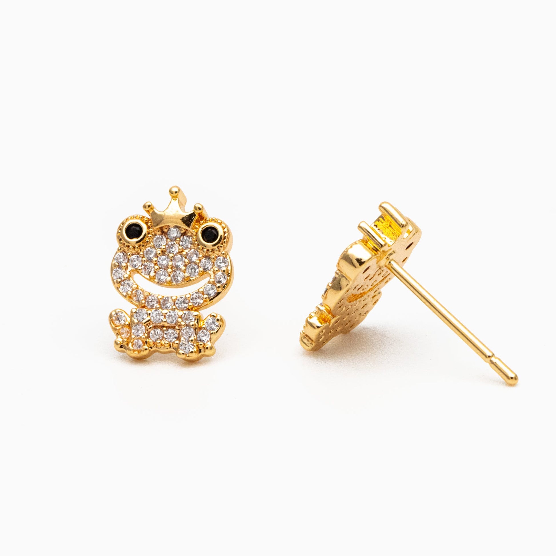 4pcs CZ Pave Gold Frog Prince Earrings 11x8mm, Gold Plated Brass, Cute Stud Earrings (GB-3968)