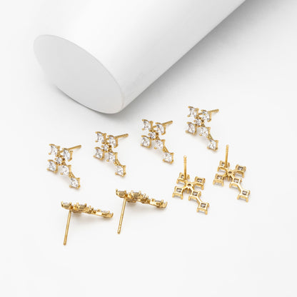 4pcs CZ Pave Gold Cross Earrings, 14K Gold Plated Brass Dainty Cross Stud Earring (#GB-3969)
