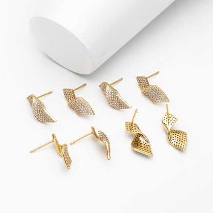 4pcs CZ Pave Gold Ribbon Earrings, 18K Gold plated Brass , Dainty Stud Earrings (#GB-3973)