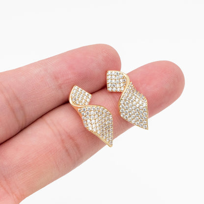 4pcs CZ Pave Gold Ribbon Earrings, 18K Gold plated Brass , Dainty Stud Earrings (#GB-3973)