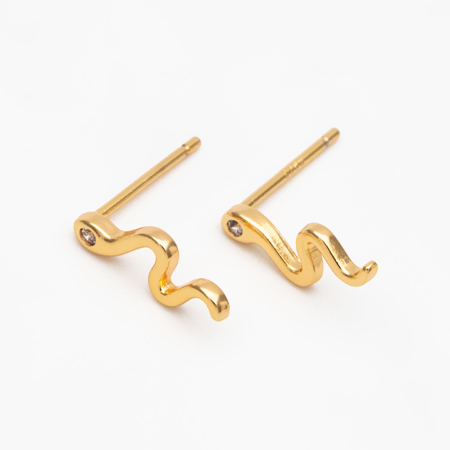 10pcs CZ Pave Gold Snake Earrings 12x5mm, Gold Plated Brass Animal Stud Earrings (GB-4083)