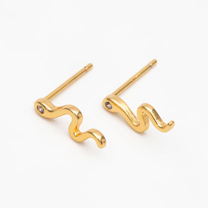 10pcs CZ Pave Gold Snake Earrings 12x5mm, Gold Plated Brass Animal Stud Earrings (GB-4083)