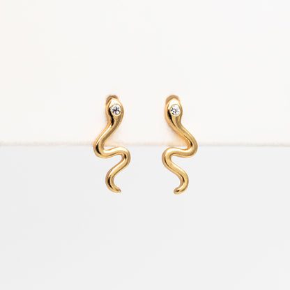 10pcs CZ Pave Gold Snake Earrings 12x5mm, Gold Plated Brass Animal Stud Earrings (GB-4083)