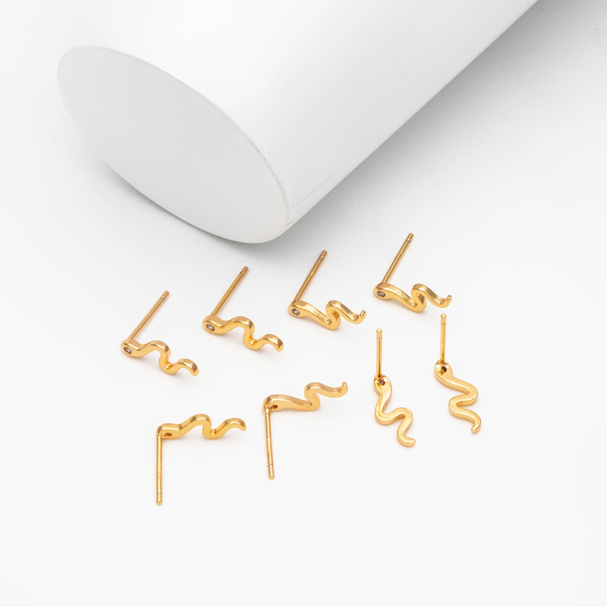 10pcs CZ Pave Gold Snake Earrings 12x5mm, Gold Plated Brass Animal Stud Earrings (GB-4083)