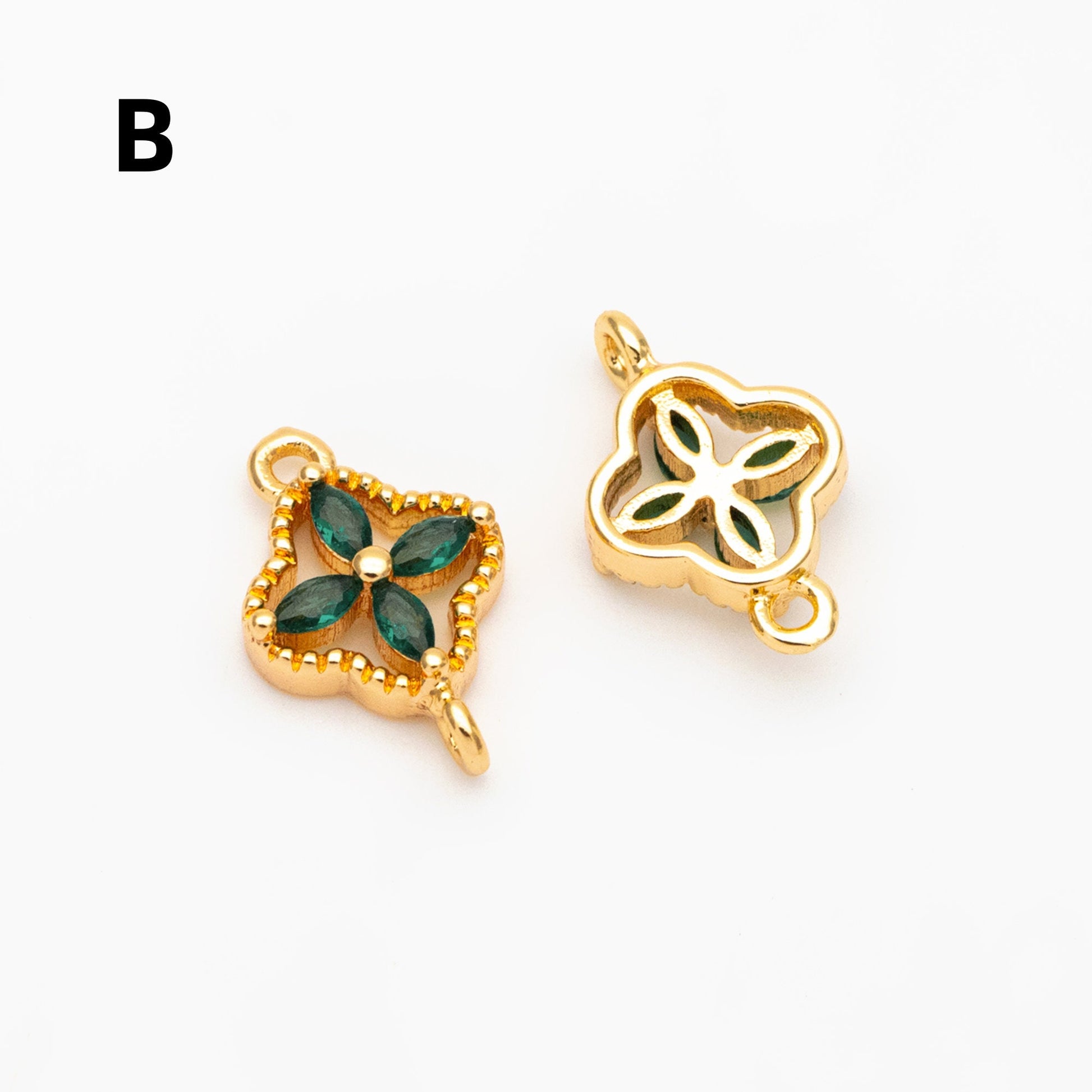 10pcs CZ Pave Gold Flower Charm Connectors 14mm, 18K Gold plated Brass Earring Connectors (GB-3780-E)