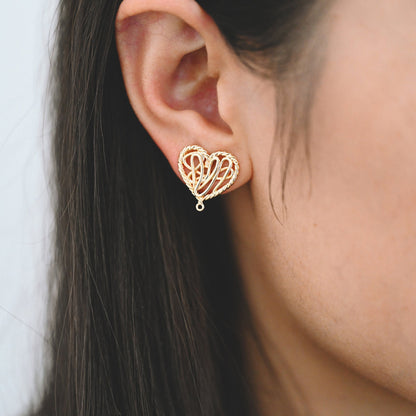 10pcs Gold Filigree Heart Earring with Loop, Gold Plated Brass Stud Earrings, Jewelry Findings, Wholesale Supplies (GB-3340)