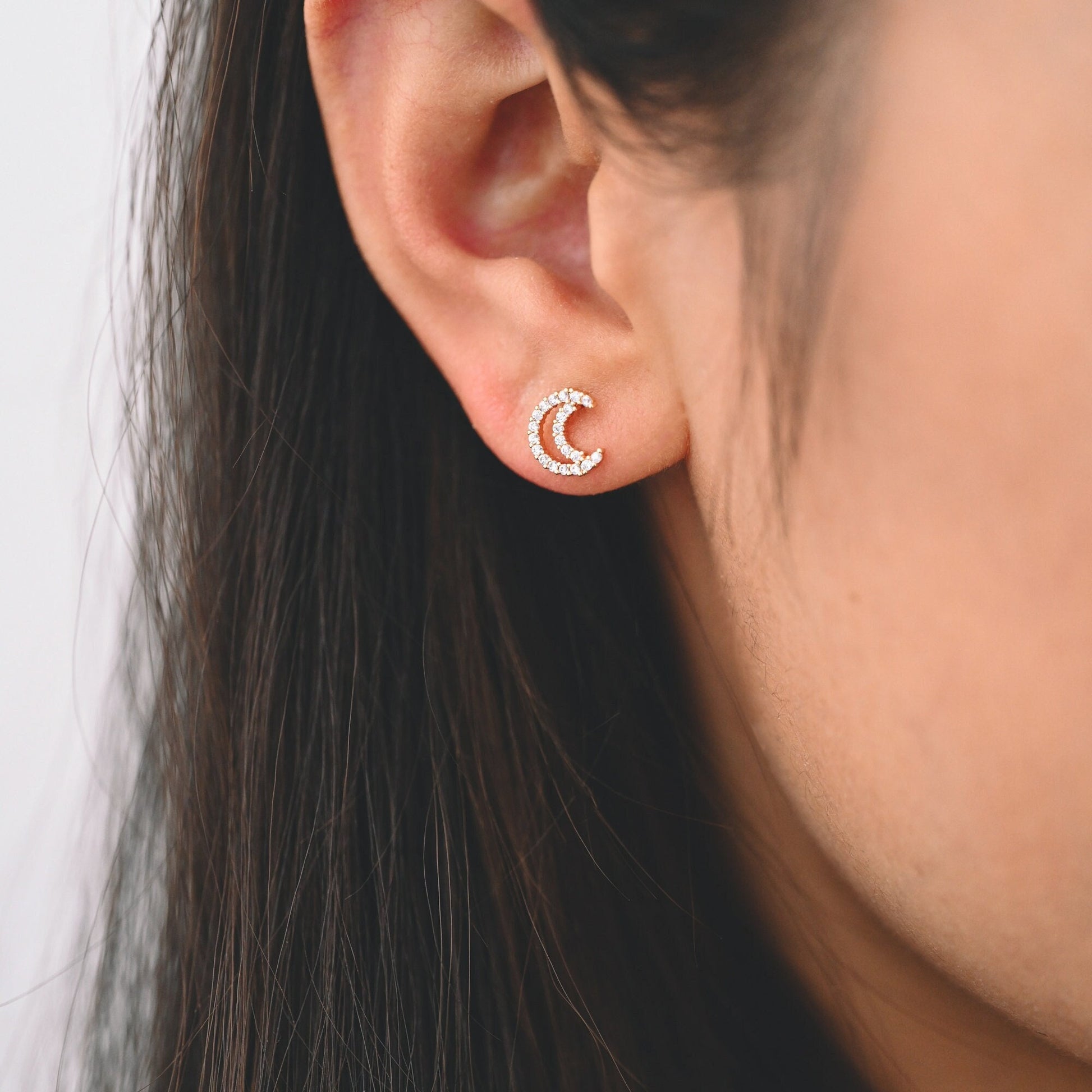 10pcs CZ Pave Moon Ear Posts 9x7mm, Real Gold Plated Brass Stud Earrings (#GB-3041-Q)