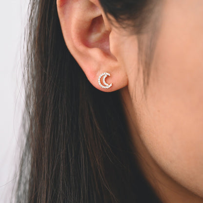 10pcs CZ Pave Moon Ear Posts 9x7mm, Real Gold Plated Brass Stud Earrings (#GB-3041-Q)