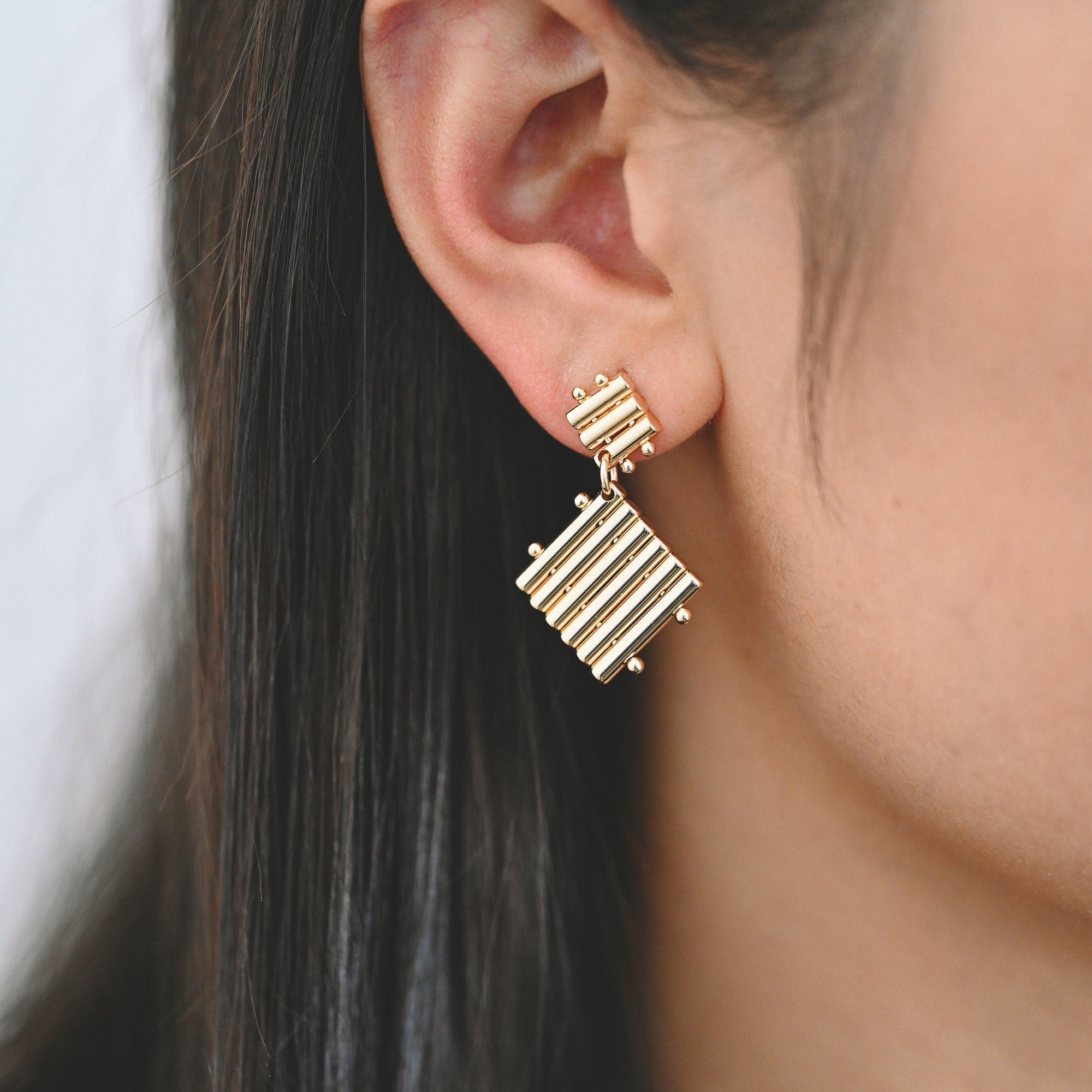 4pcs Gold Square Ear Posts 32x20mm, Real Gold Plated Brass Geometric Earring Studs (GB-3436)