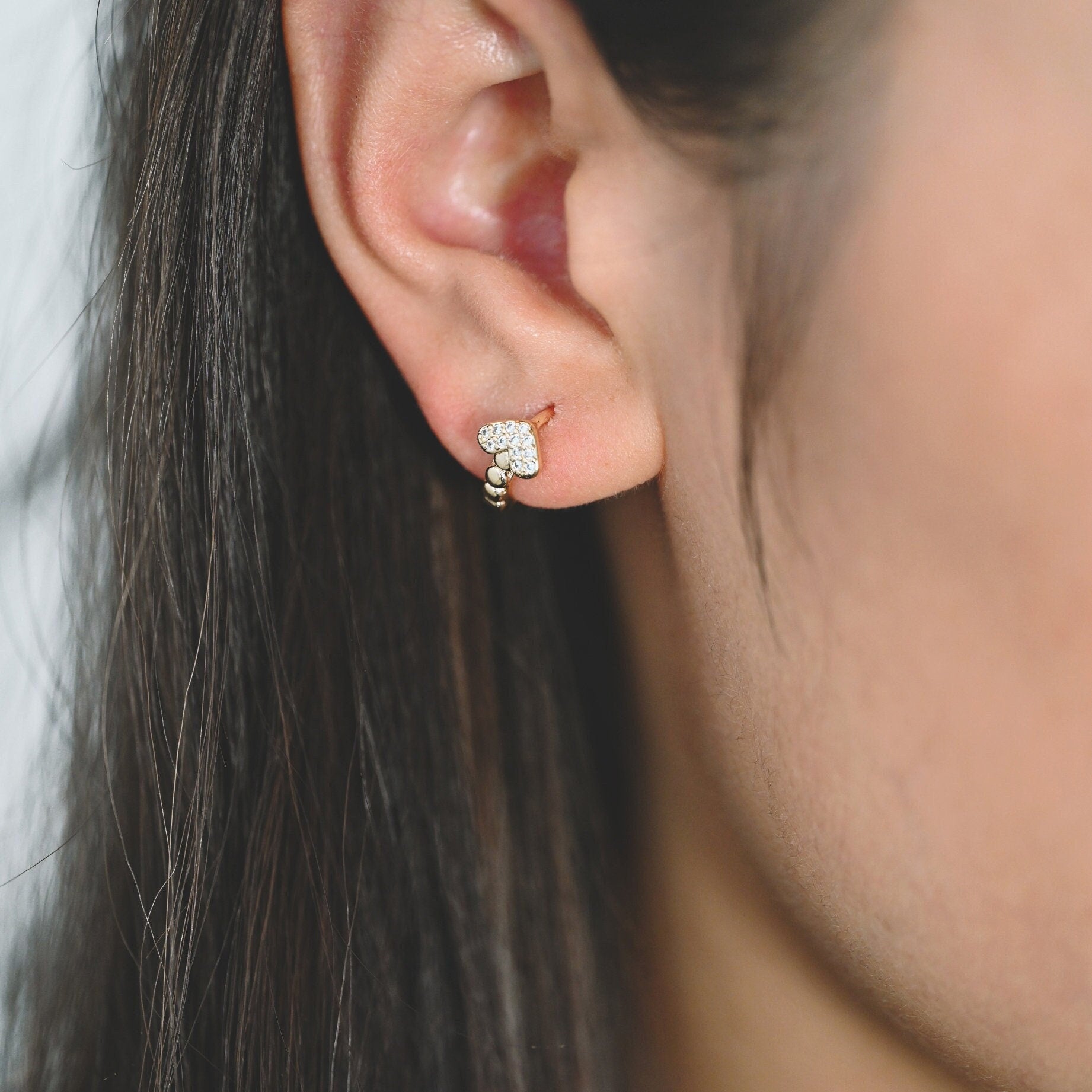 4pcs CZ Pave Heart Hoop Earrings, 12mm, Dainty Huggie Earrings, Minimalist Earring, Gold Hoops Earring (GB-3477-G)