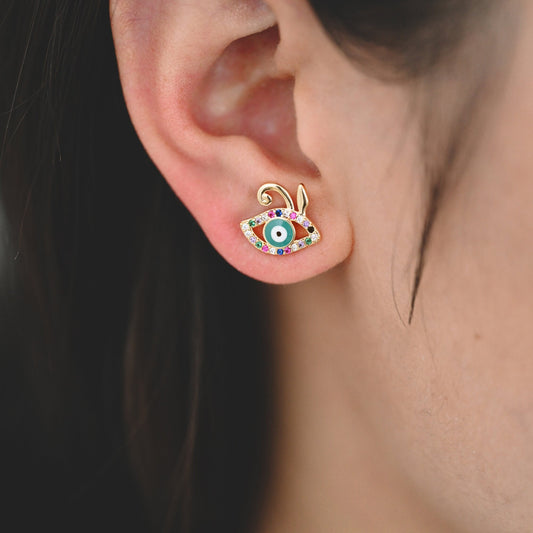 4pcs CZ Paved Evil Eye Earring Stud, Real Gold plated Brass, Enamel Eye Earrings (GB-3025)