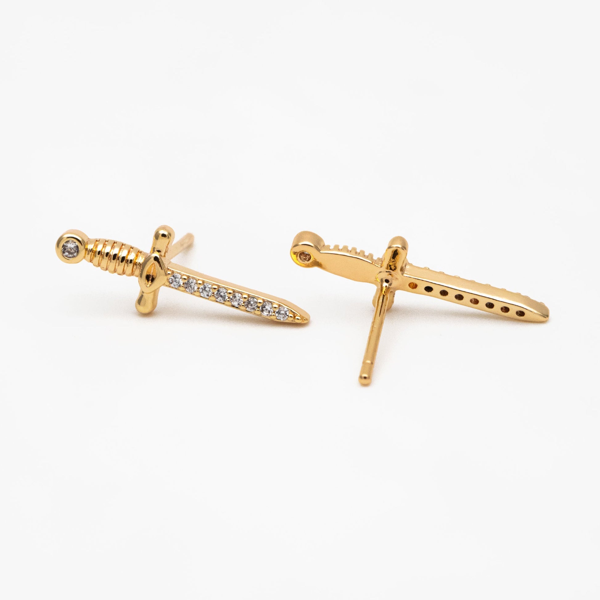 4pcs CZ Pave Gold Sword Earrings 19x7mm, Gold Plated Brass Dagger Stud Earring (#GB-4090)