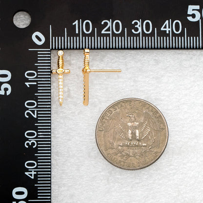 4pcs CZ Pave Gold Sword Earrings 19x7mm, Gold Plated Brass Dagger Stud Earring (#GB-4090)