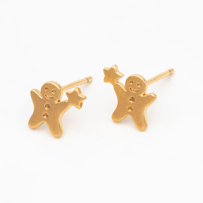 10pcs Gold Gingerbread Man Earrings 8x9mm, Gold plated Brass Christmas Stud Earrings (GB-4100)
