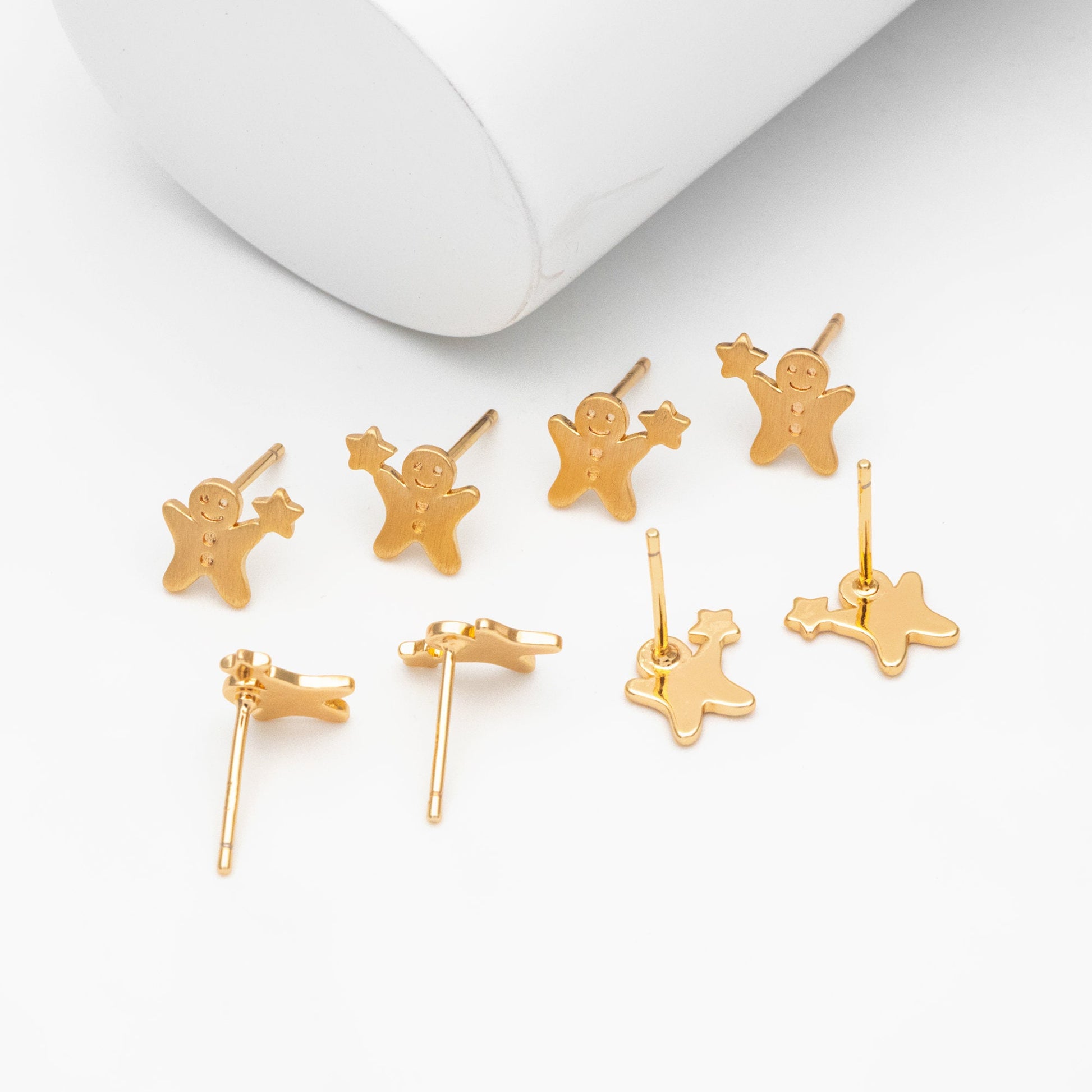 10pcs Gold Gingerbread Man Earrings 8x9mm, Gold plated Brass Christmas Stud Earrings (GB-4100)