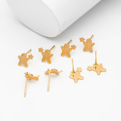 10pcs Gold Gingerbread Man Earrings 8x9mm, Gold plated Brass Christmas Stud Earrings (GB-4100)