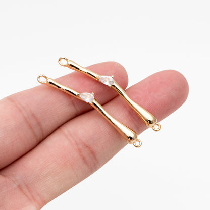 4pcs CZ Pave Bar Connector 27mm, Real Gold plated Brass, Cubic Zirconia Stick Charms (GB-4103)
