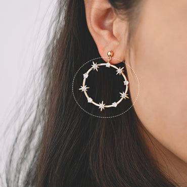 4pcs CZ pave Gold/ Silver Star Ring Pendants 37x35mm, 18K Gold/ Rhodium plated Brass, Rhinestone Round Loop Circle Charms (GB-1048-H)