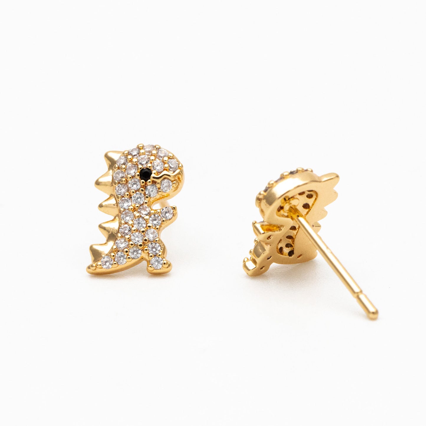 4pcs CZ Pave Gold Dinosaur Earrings 10x7mm, Gold Plated Brass, Dainty Dinosaur Stud Earrings (GB-3967)