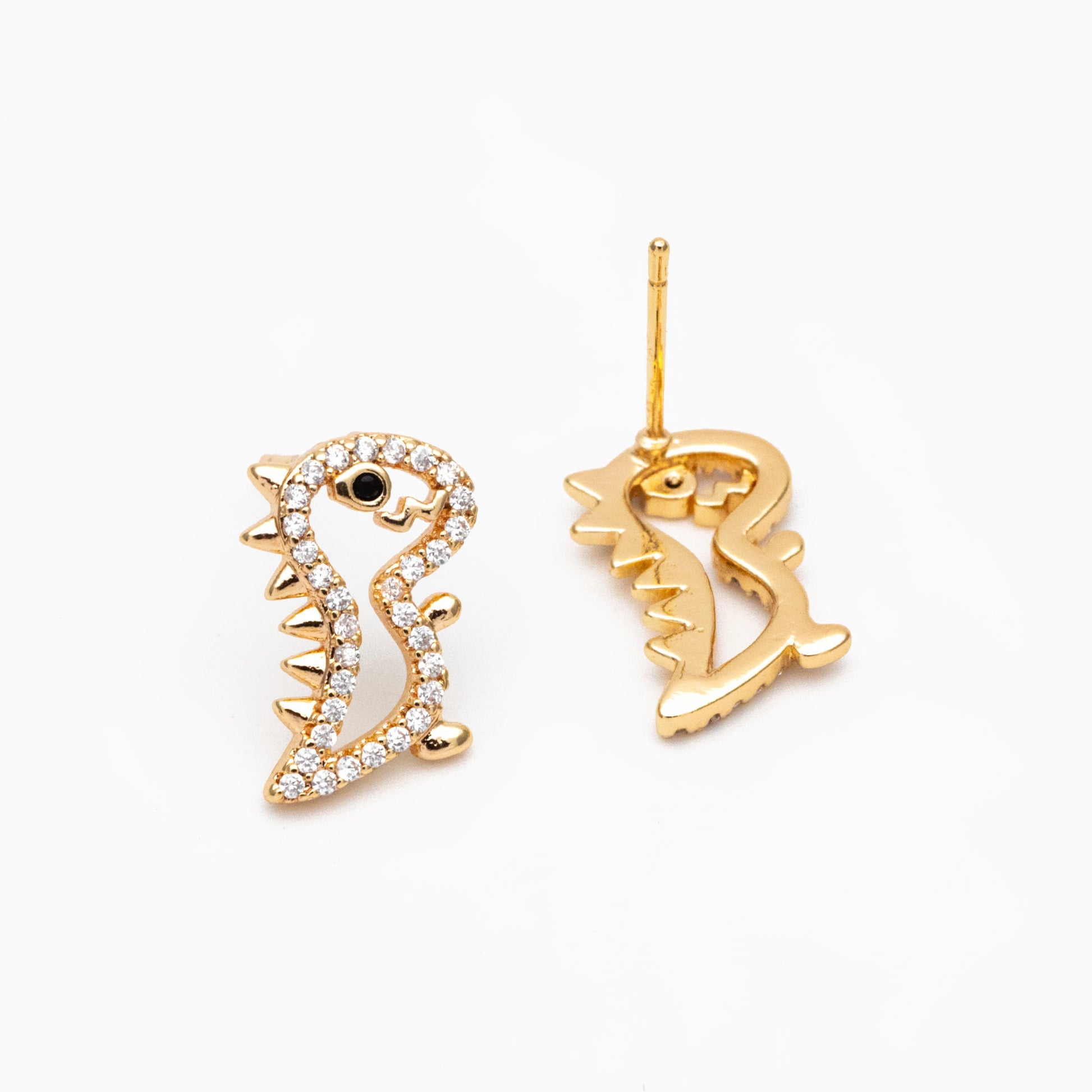 4pcs CZ Pave Gold Hollow Dinosaur Earrings 13x10mm, Gold Plated Brass, Dainty Dinosaur Stud Earrings (GB-3974)