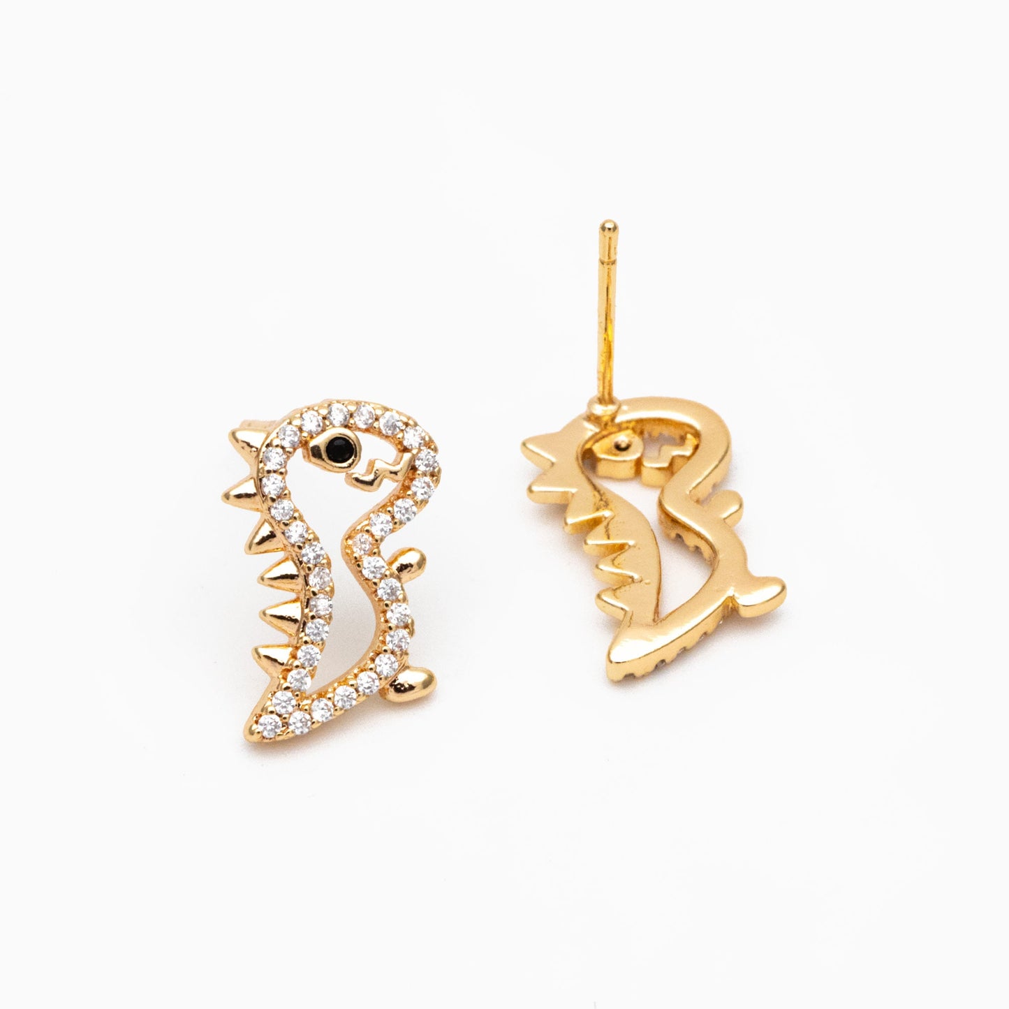 4pcs CZ Pave Gold Hollow Dinosaur Earrings 13x10mm, Gold Plated Brass, Dainty Dinosaur Stud Earrings (GB-3974)