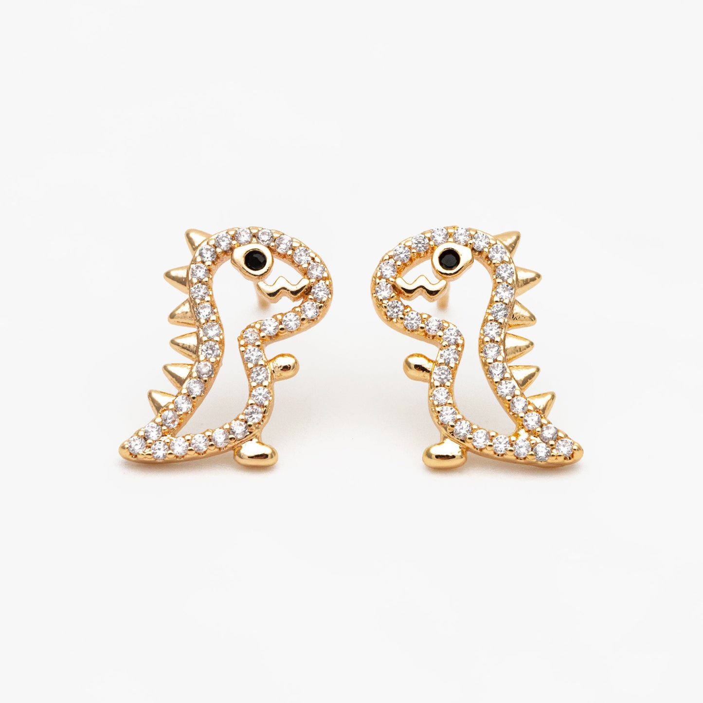 4pcs CZ Pave Gold Hollow Dinosaur Earrings 13x10mm, Gold Plated Brass, Dainty Dinosaur Stud Earrings (GB-3974)