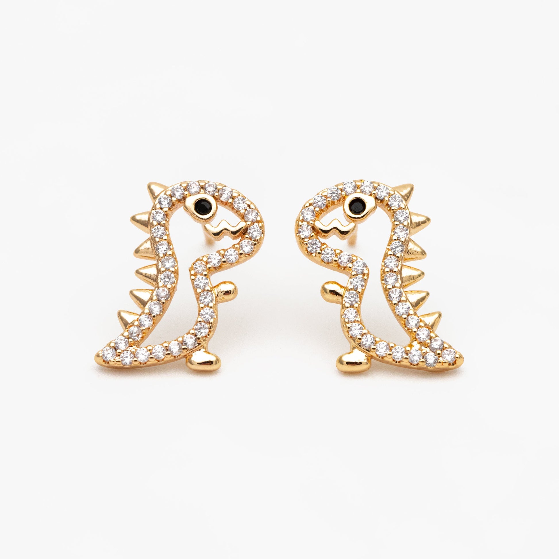 4pcs CZ Pave Gold Hollow Dinosaur Earrings 13x10mm, Gold Plated Brass, Dainty Dinosaur Stud Earrings (GB-3974)