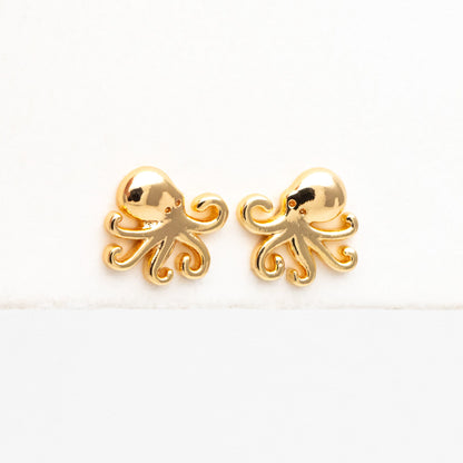 10pcs Gold/ Silver Octopus Earrings, Gold/ Rhodium plated Brass, Cute Ocean Stud Earrings (GB-4460-J)