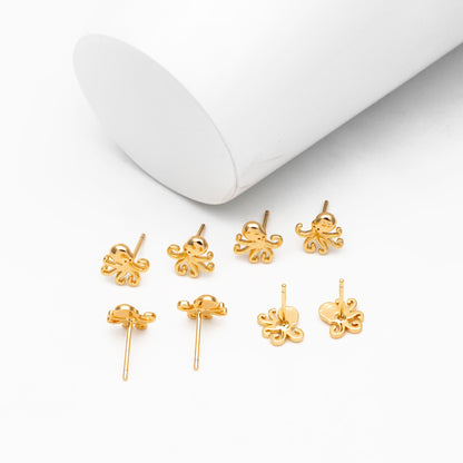 10pcs Gold/ Silver Octopus Earrings, Gold/ Rhodium plated Brass, Cute Ocean Stud Earrings (GB-4460-J)