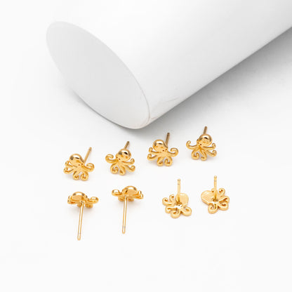10pcs Gold/ Silver Octopus Earrings, Gold/ Rhodium plated Brass, Cute Ocean Stud Earrings (GB-4077)