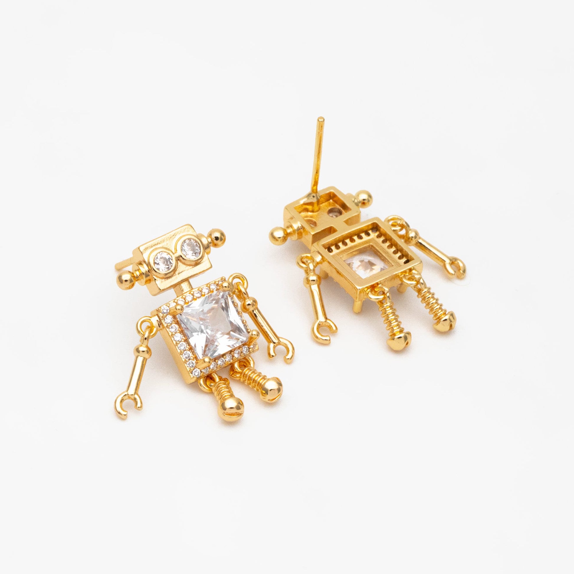4pcs CZ Pave Gold Robot Earrings 22x14mm, Gold Plated Brass, Dainty Robot Stud Earrings (GB-4078)