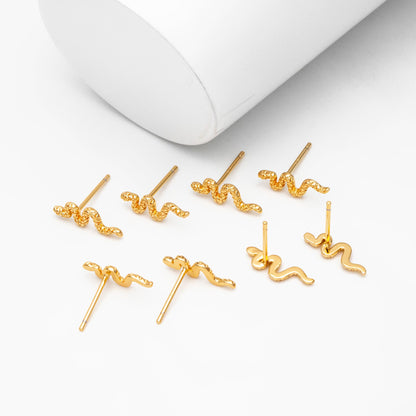 10pcs Gold Snake Earrings 13x4mm, Gold Plated Brass, Minimalist Snake Stud Earrings (GB-4079)